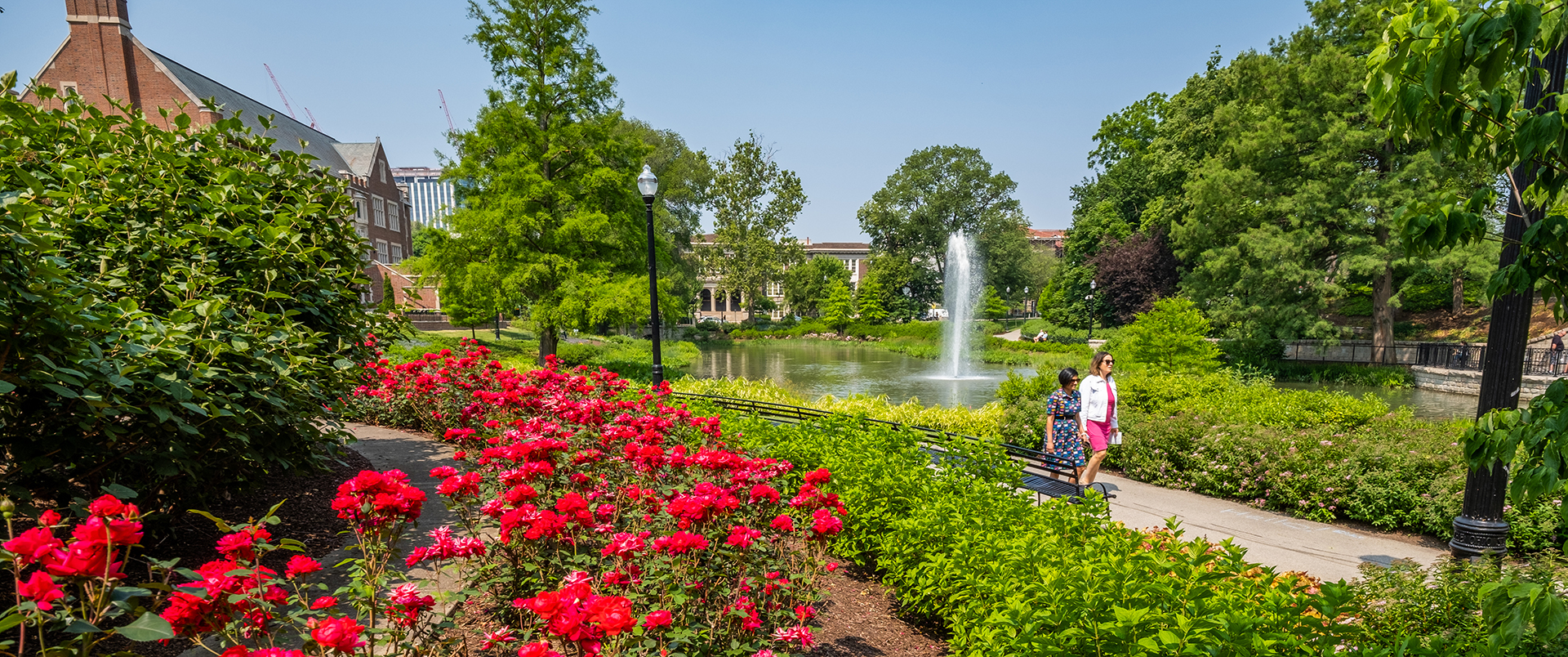 Summer flowers bloom in front of Ohio State's Mirror Lake.