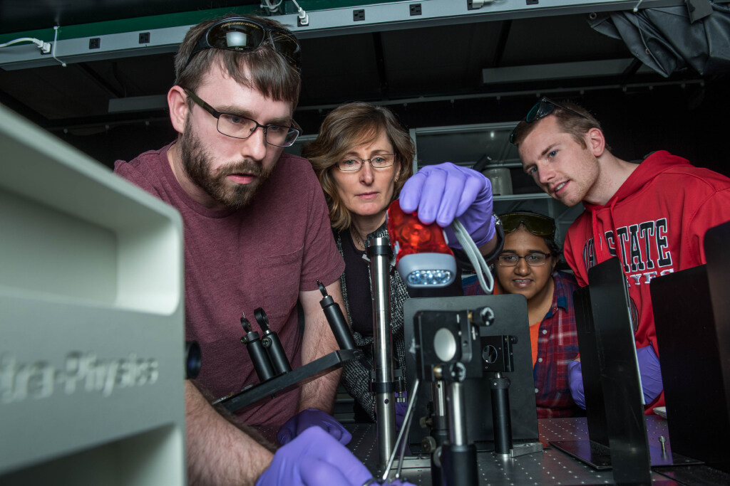 Three students look on as a professor uses a flashlight to illuminate an item.