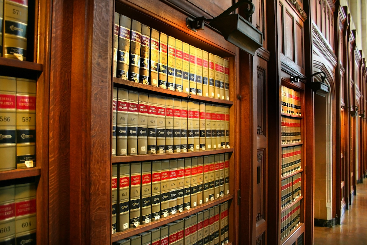 Bookshelves filled with reference books.