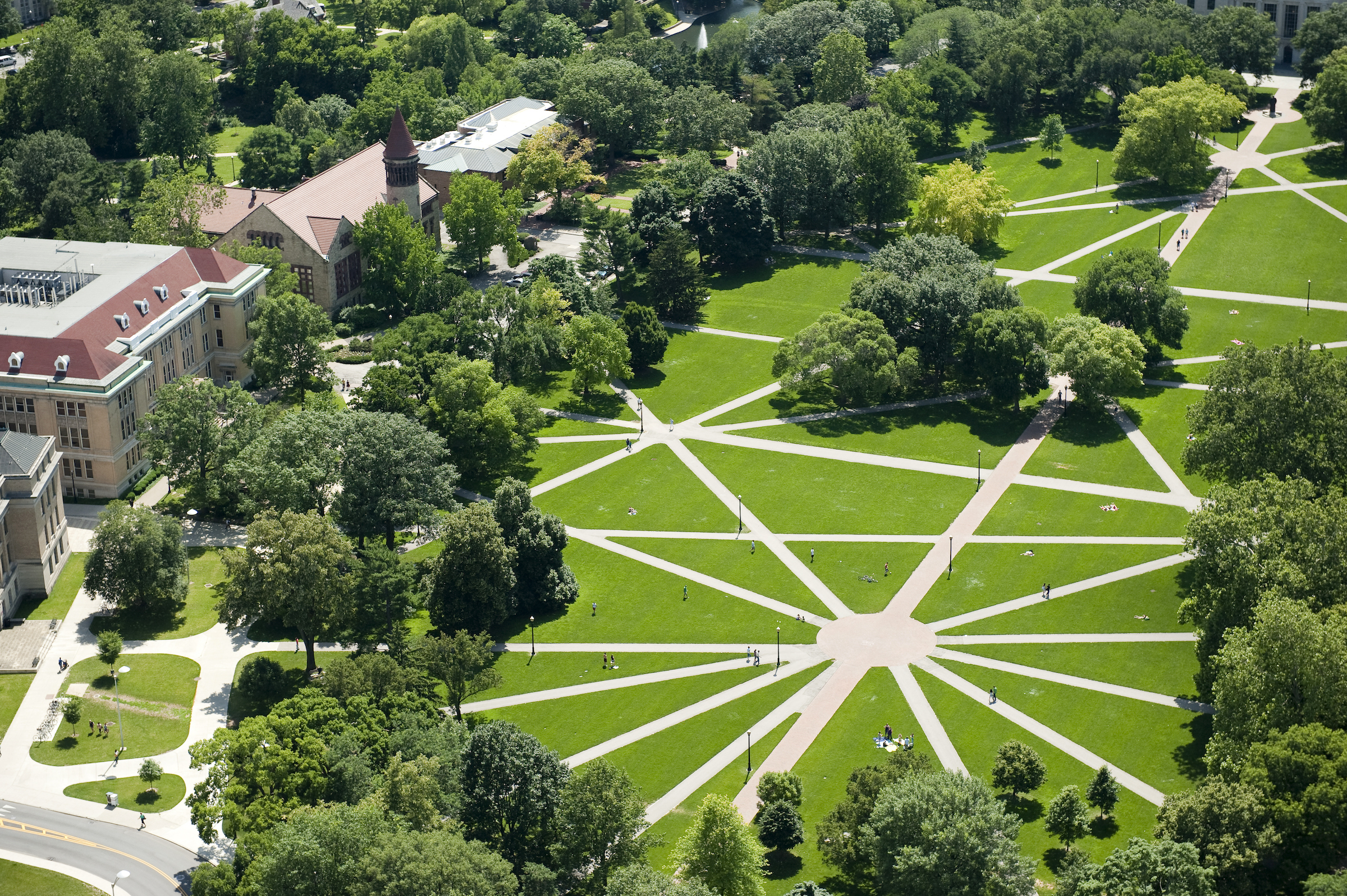 Aerial view of the Oval on Ohio State Campus during spring.