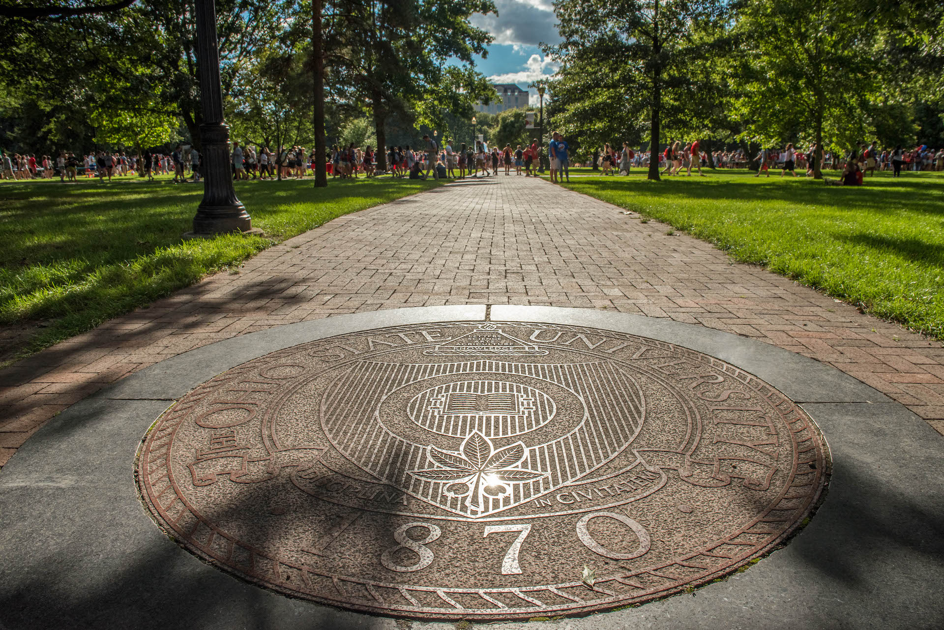 Seal of The Ohio State University in the Oval at Ohio State.