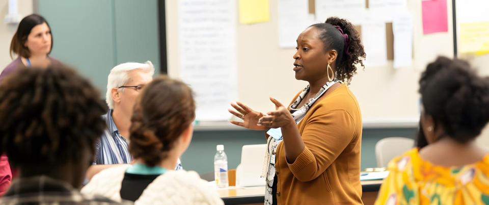 A workshop facilitator stands in the middle of the room speaking.